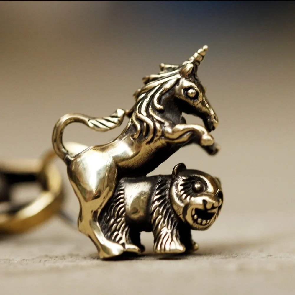 BlamoToys Unihorny Keychain: Oxidized Brass Unicorn & Panda Charm, Handmade Clip